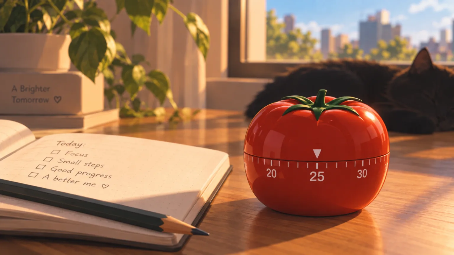 A tomato shaped kitchen timer next to an open notebook