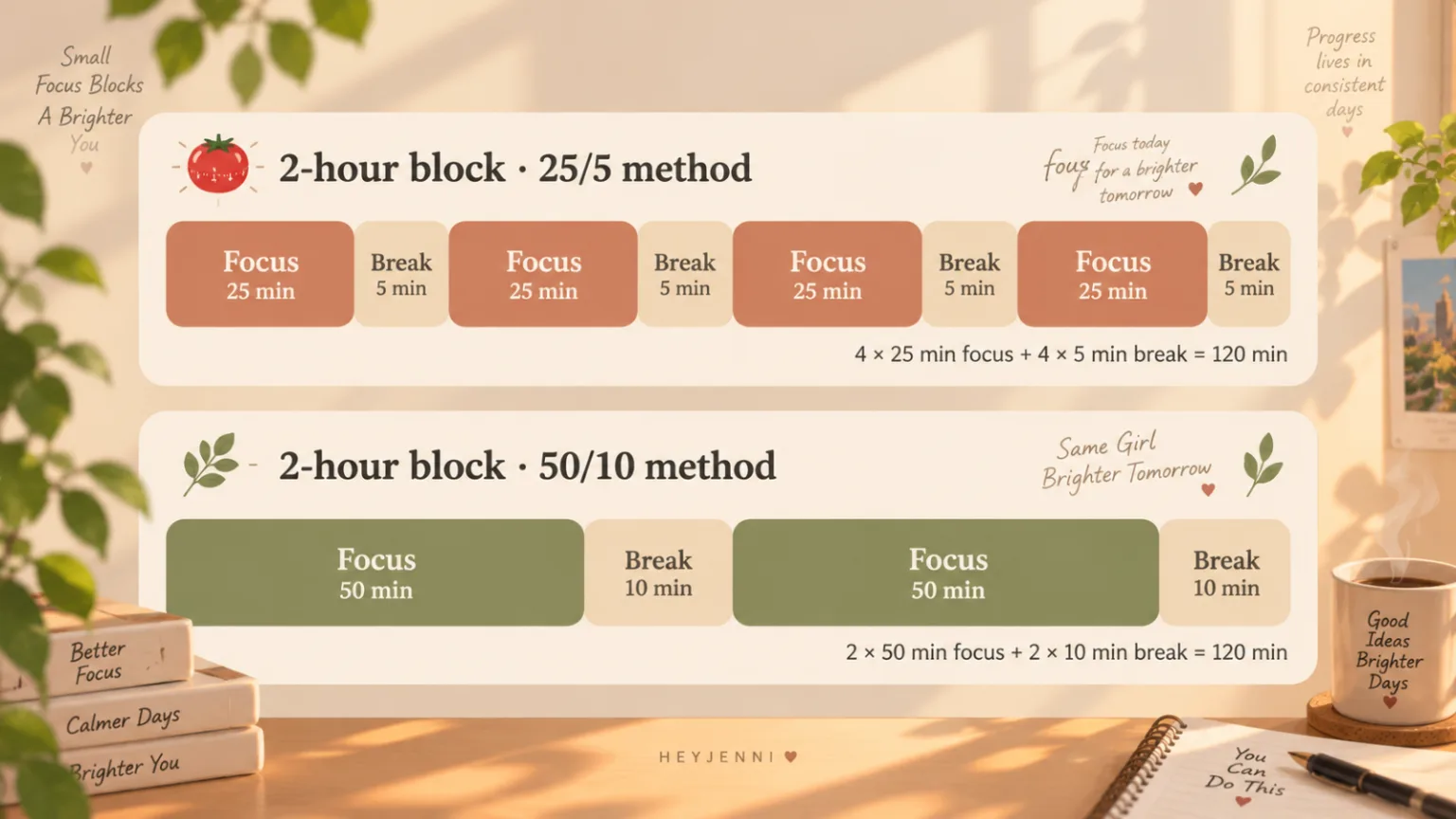 Two hours split into four 25 minute blocks compared with two 50 minute blocks