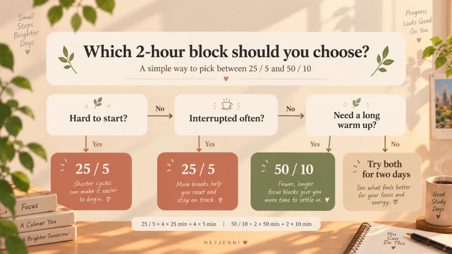 Flowchart for choosing between 25/5, 50/10 and a custom focus interval