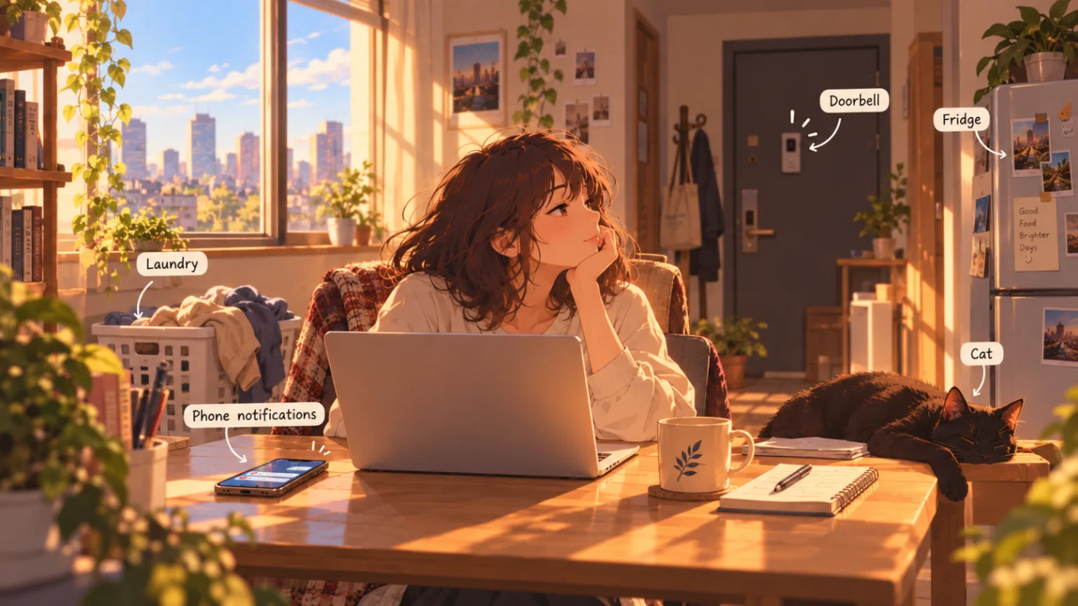 A desk surrounded by common home distractions: laundry, phone, doorbell, pet and fridge