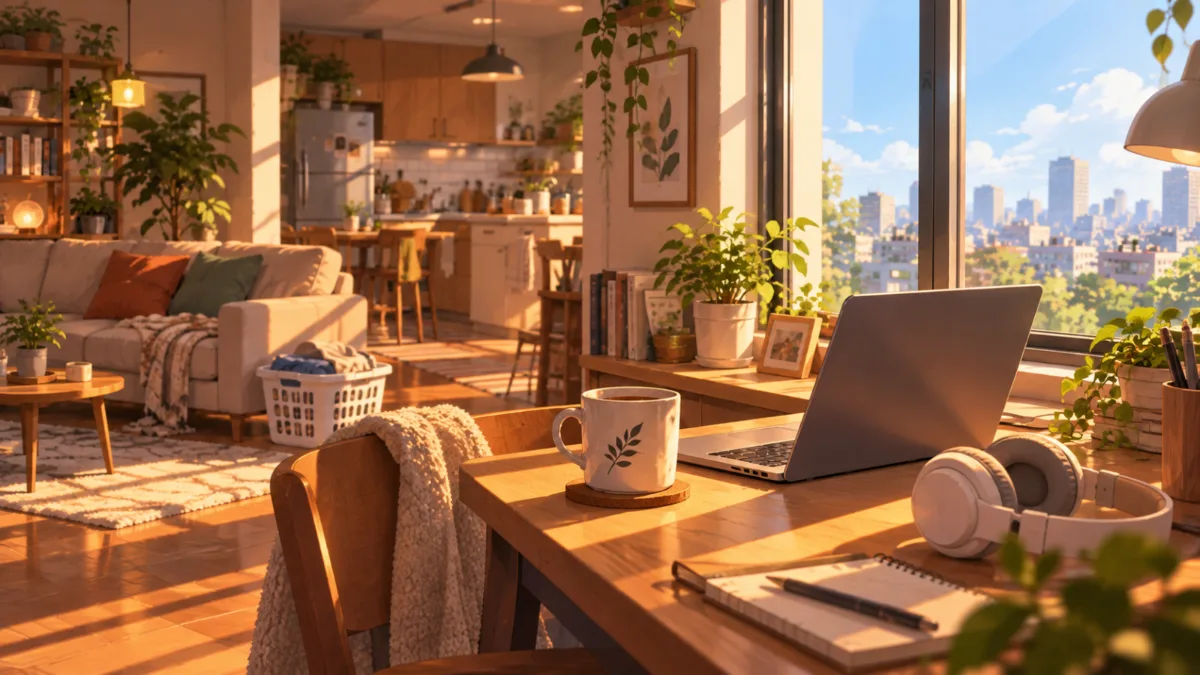 A small home workspace by a window with the living room behind it