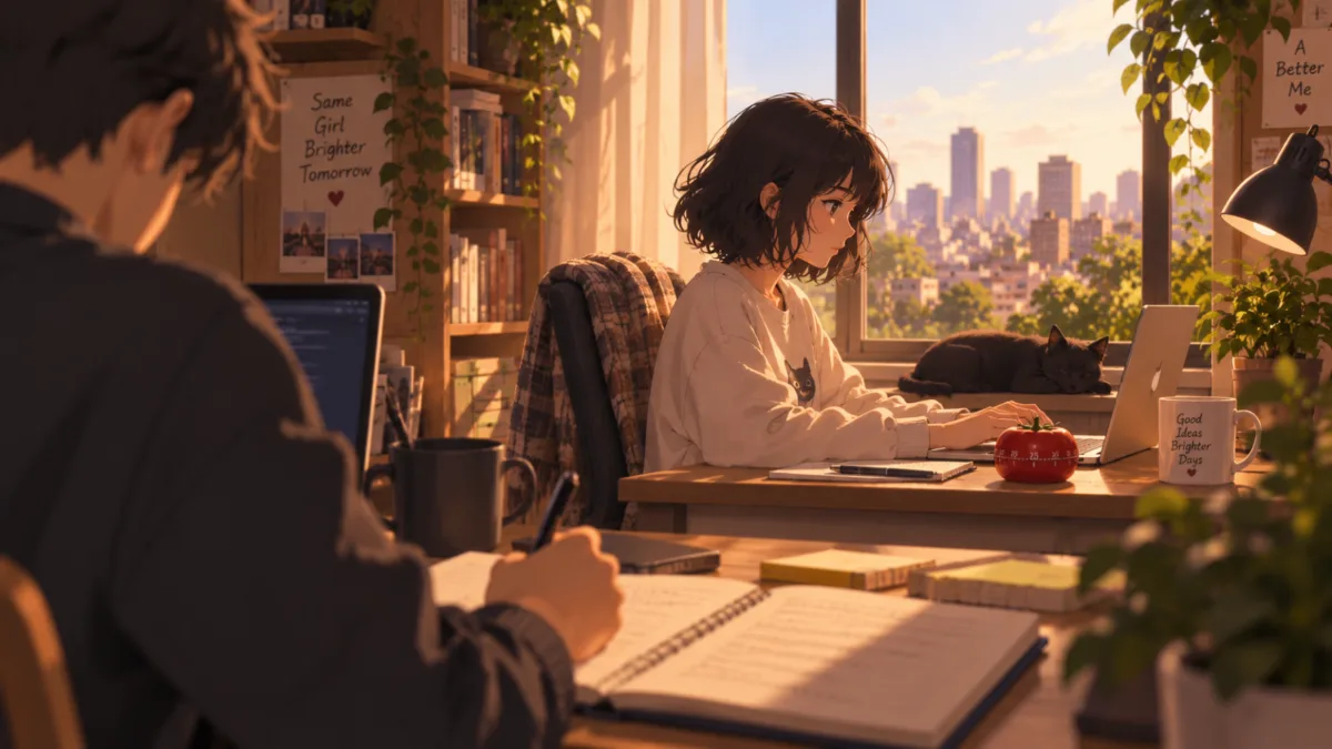 Two desks side by side, each person working on their own task